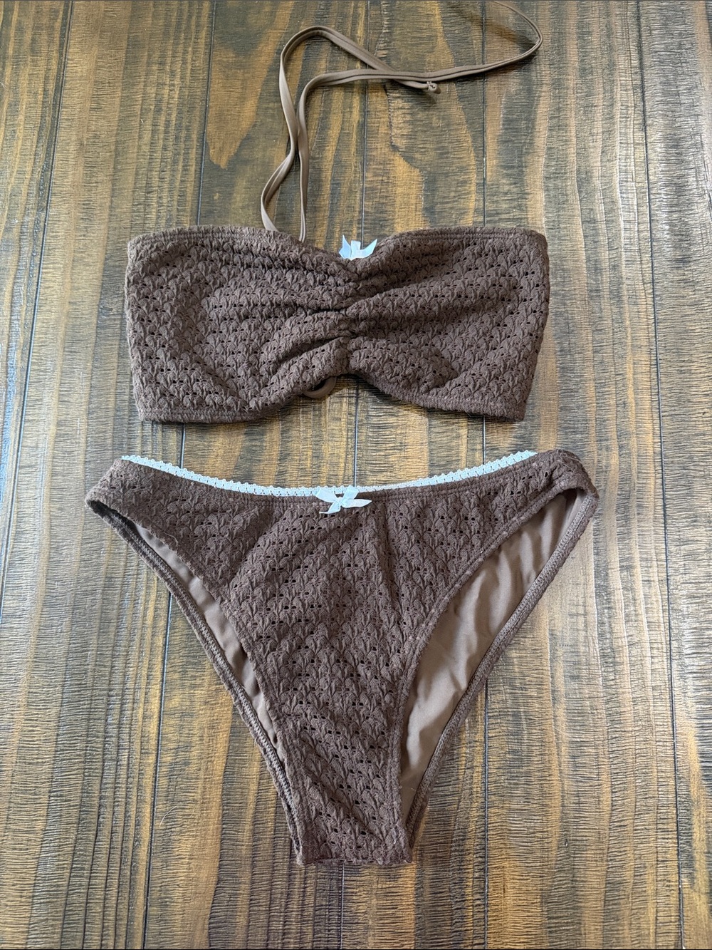NWOT Brown Textured Bandeau Bikini Set with Bow